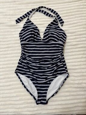Navy and Gray Striped Halter One-Piece Swimsuit
